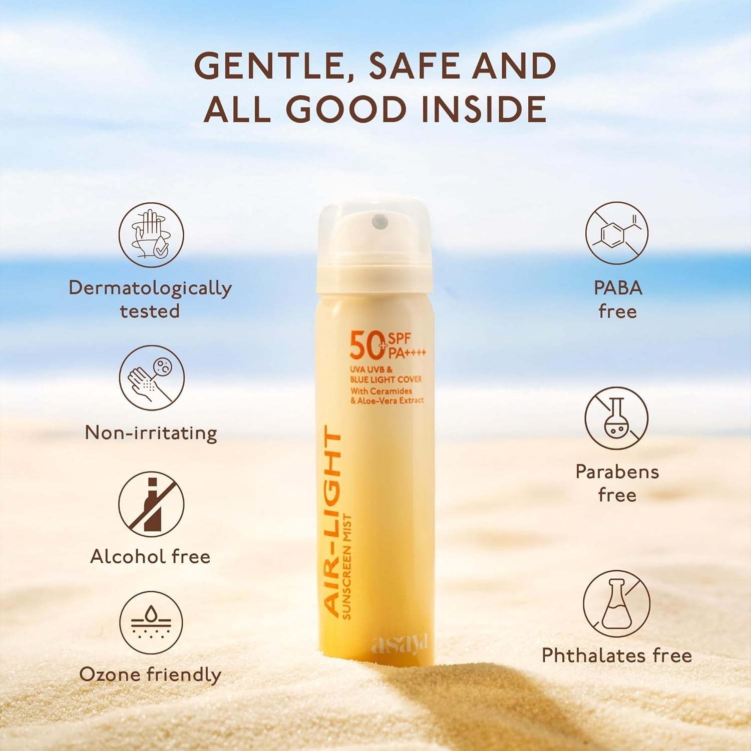 Asaya Air Light Sunscreen Spray SPF 50 PA++++, UVA/B with Ceramides & Aloe Vera Extract - 75 ml