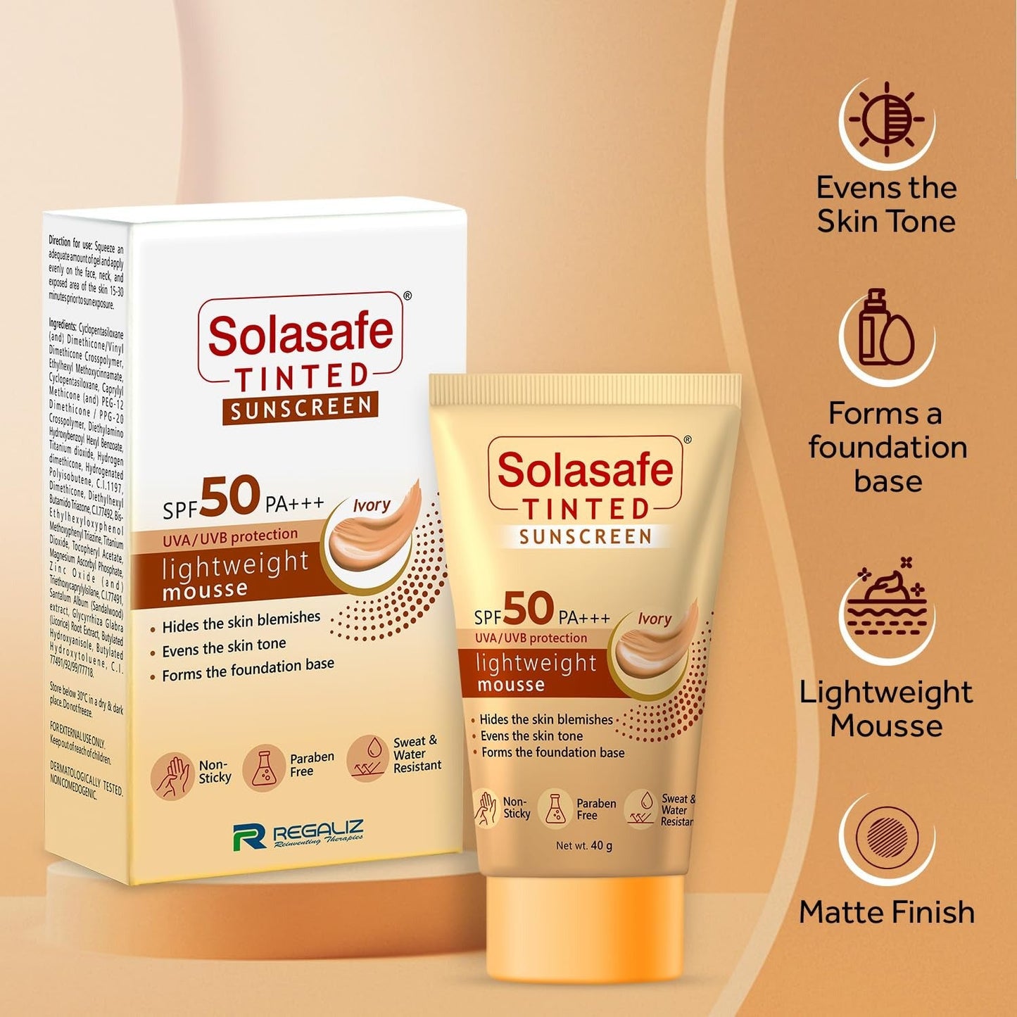Regaliz Solasafe Tinted Ivory Sunscreen SPF 50 PA+++ UVA & UVB Protection - 40 Gms