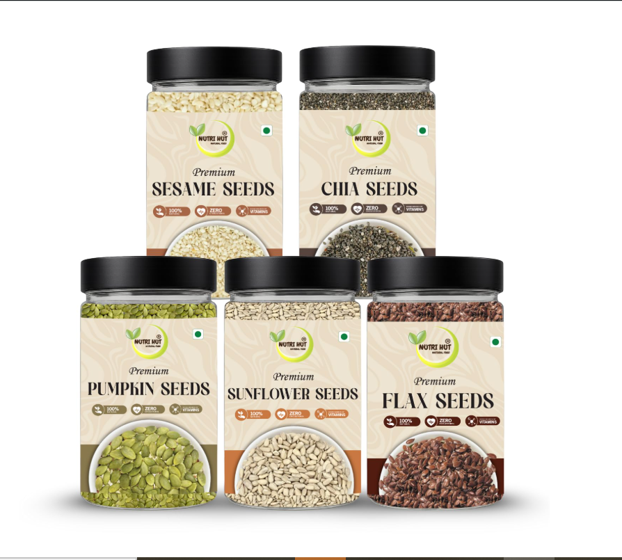 Nutri Hut Seeds Combo  - Flax, Sesame, Pumpkin & Sunflower Seeds, Sabja Seeds