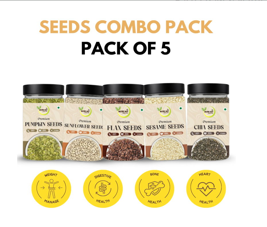 Nutri Hut Seeds Combo  - Flax, Sesame, Pumpkin & Sunflower Seeds, Sabja Seeds