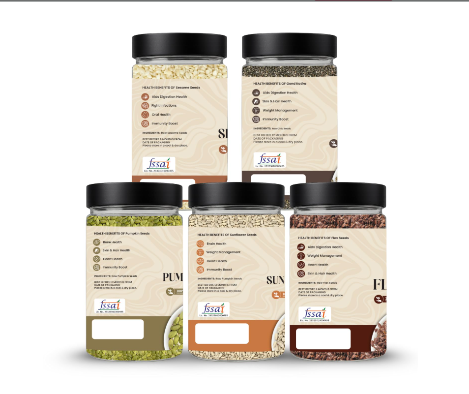 Nutri Hut Seeds Combo  - Flax, Sesame, Pumpkin & Sunflower Seeds, Sabja Seeds
