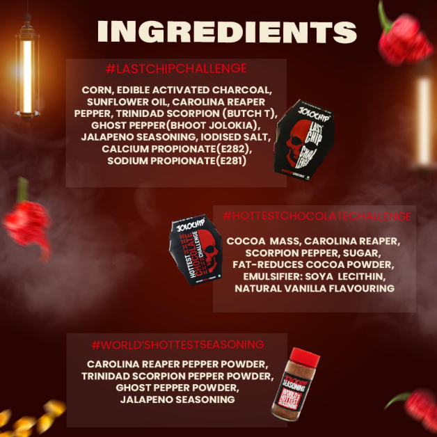JOLOCHIP Challenge Combo - Pack (The Last Chip 5g, World’s Haottest Seasoning 30g, and Hottest Chocolate Challenges (10g))