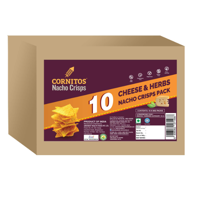 Cornitos Cheese and Herbs Nacho Crisps - 55 Gms Each (Pack of 10)