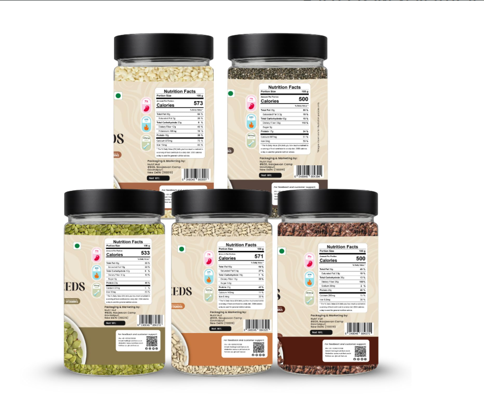 Nutri Hut Seeds Combo  - Flax, Sesame, Pumpkin & Sunflower Seeds, Sabja Seeds