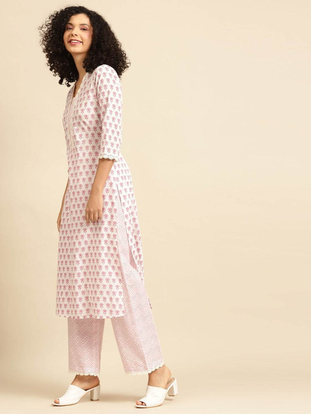 Anayna Women White & Pink Printed Kurta with Palazzos