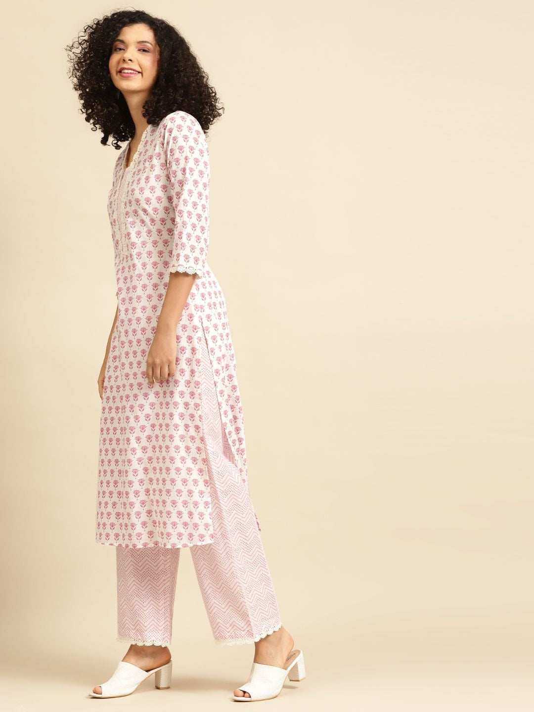 Anayna Women White & Pink Printed Kurta with Palazzos