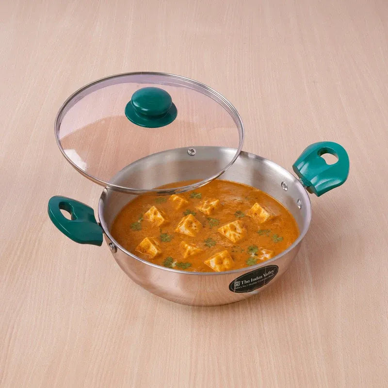 The Indus Valley Premium Stainless Steel Impact Bonded Kadai with Glass Lid 22-26cm