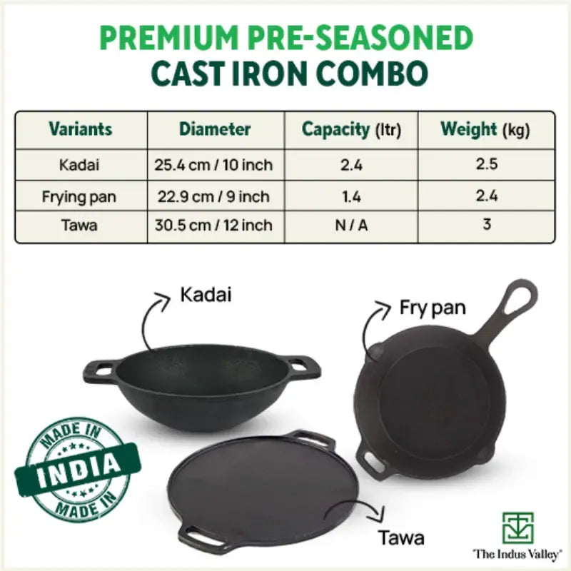 The Indus Valley Castrong Cast Iron Cookware Set - Tawa + Kadai + Fry Pan + Free Flip