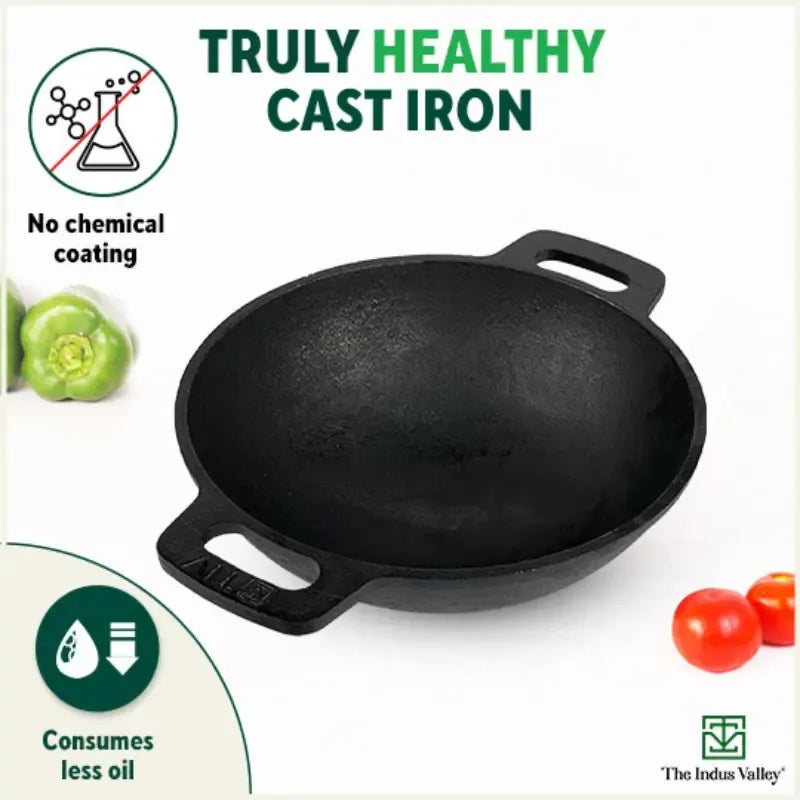 The Indus Valley Castrong Cast Iron Cookware Set - Tawa + Kadai + Fry Pan + Free Flip
