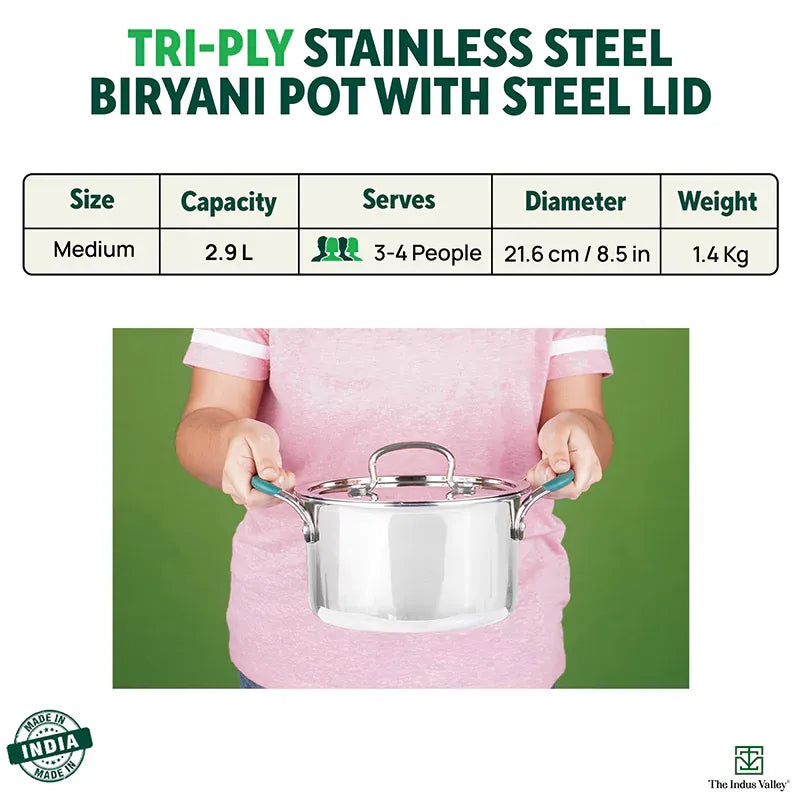 The Indus Valley Tri-Ply Stainless Steel Stockpot Casserole Biryani Pot with Steel Lid