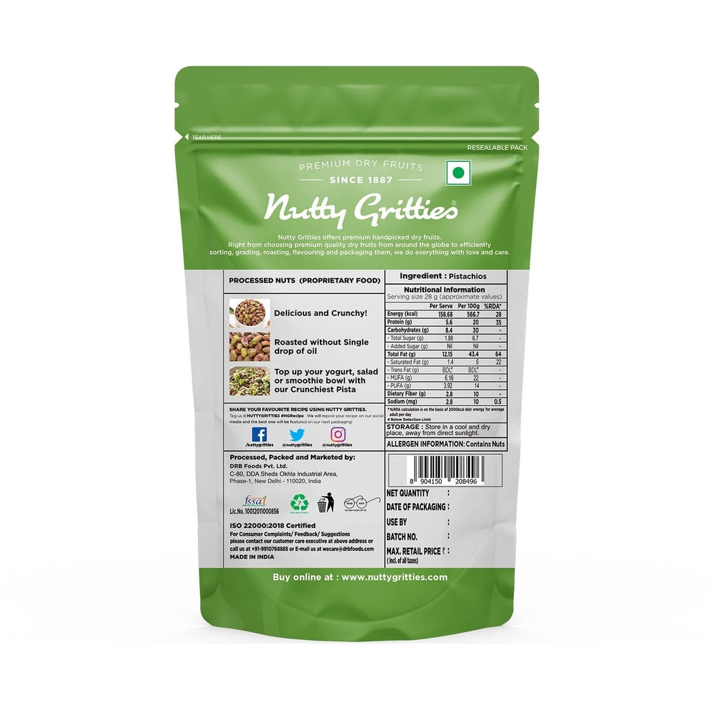 Nutty Gritties Premium Pista Kernels Roasted Unsalted - 100g
