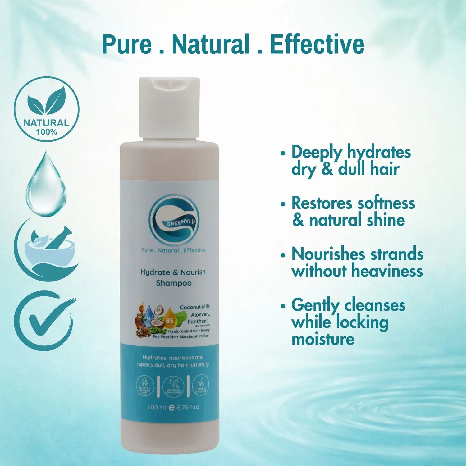 Greenviv 3% Coconut Milk + 1% Pea Peptide + 1% Hyaluronic Acid Hydrating & Nourishing Shampoo - 200 ml