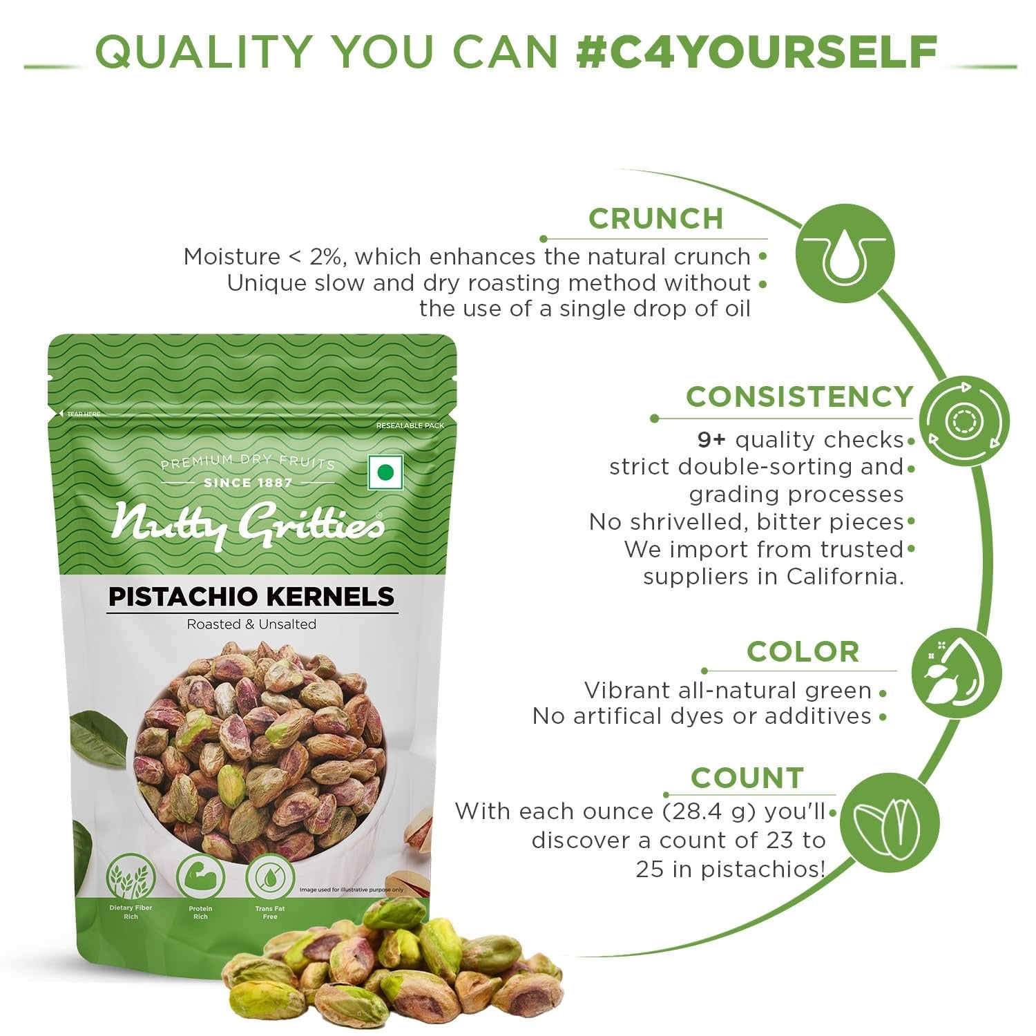 Nutty Gritties Premium Pista Kernels Roasted Unsalted - 100g