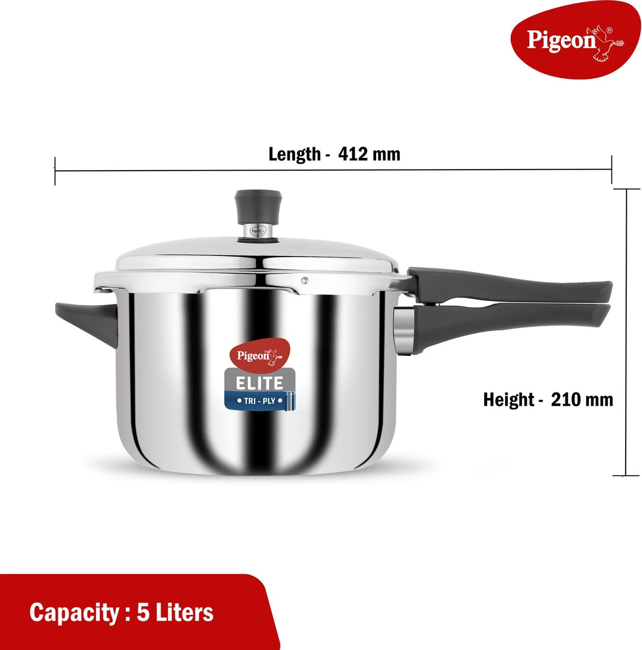 Pigeon Elite Shine Tri-Ply Stainless Steel Pressure Cooker 5L