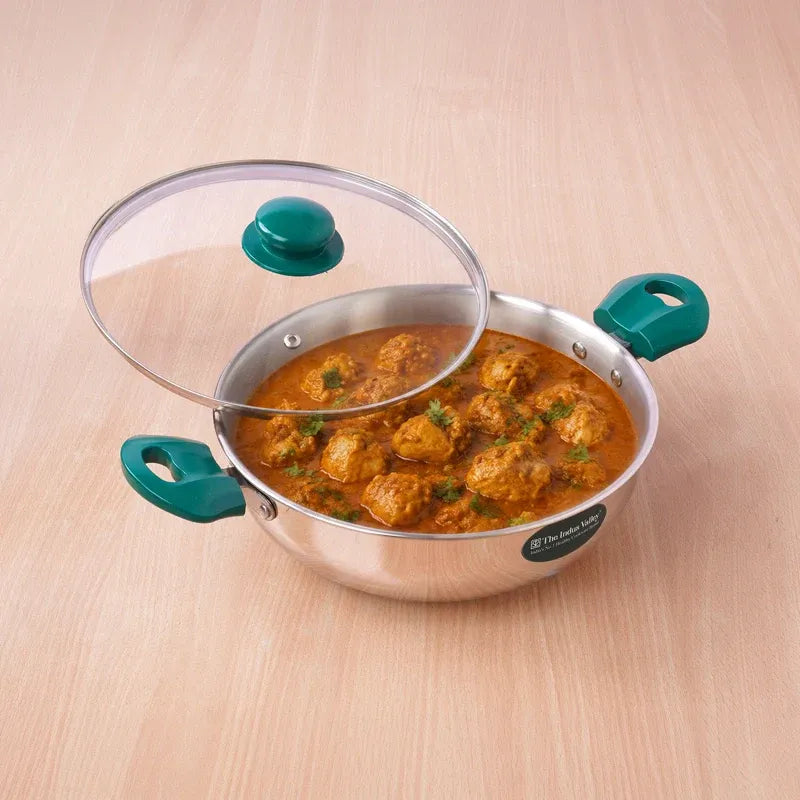 The Indus Valley Premium Stainless Steel Impact Bonded Kadai with Glass Lid 22-26cm