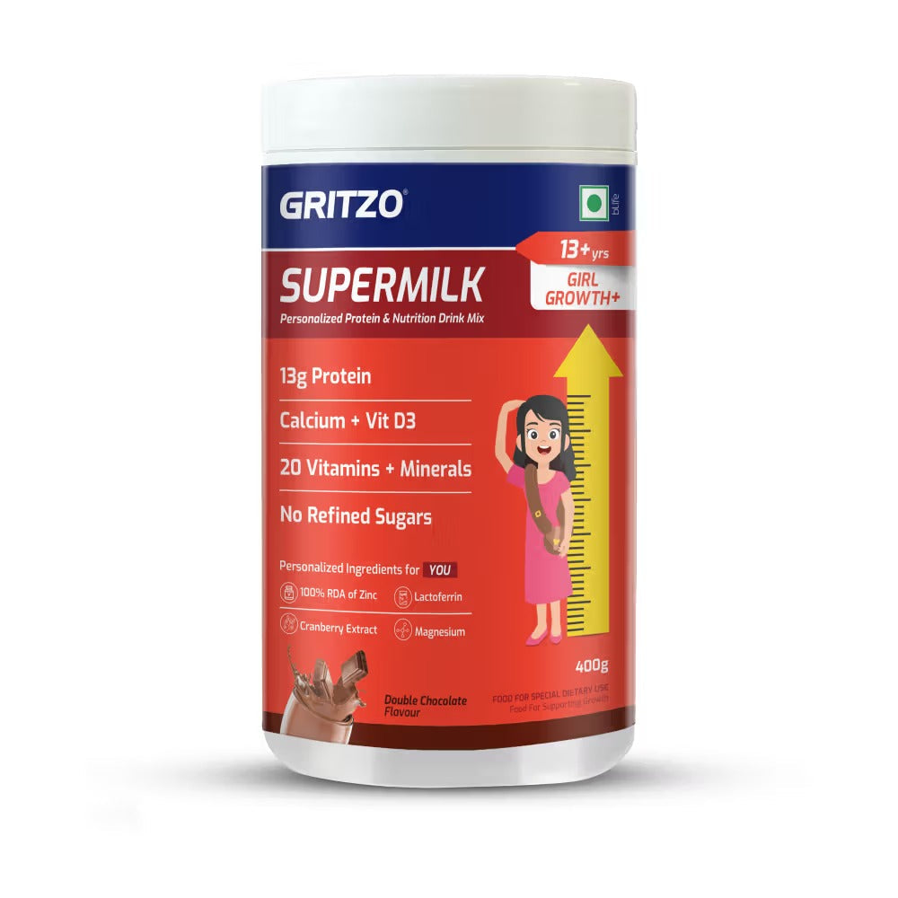 Gritzo SuperMilk Height+ (13+y Girls) 13g Protein Powder Double Chocolate - 400 gms