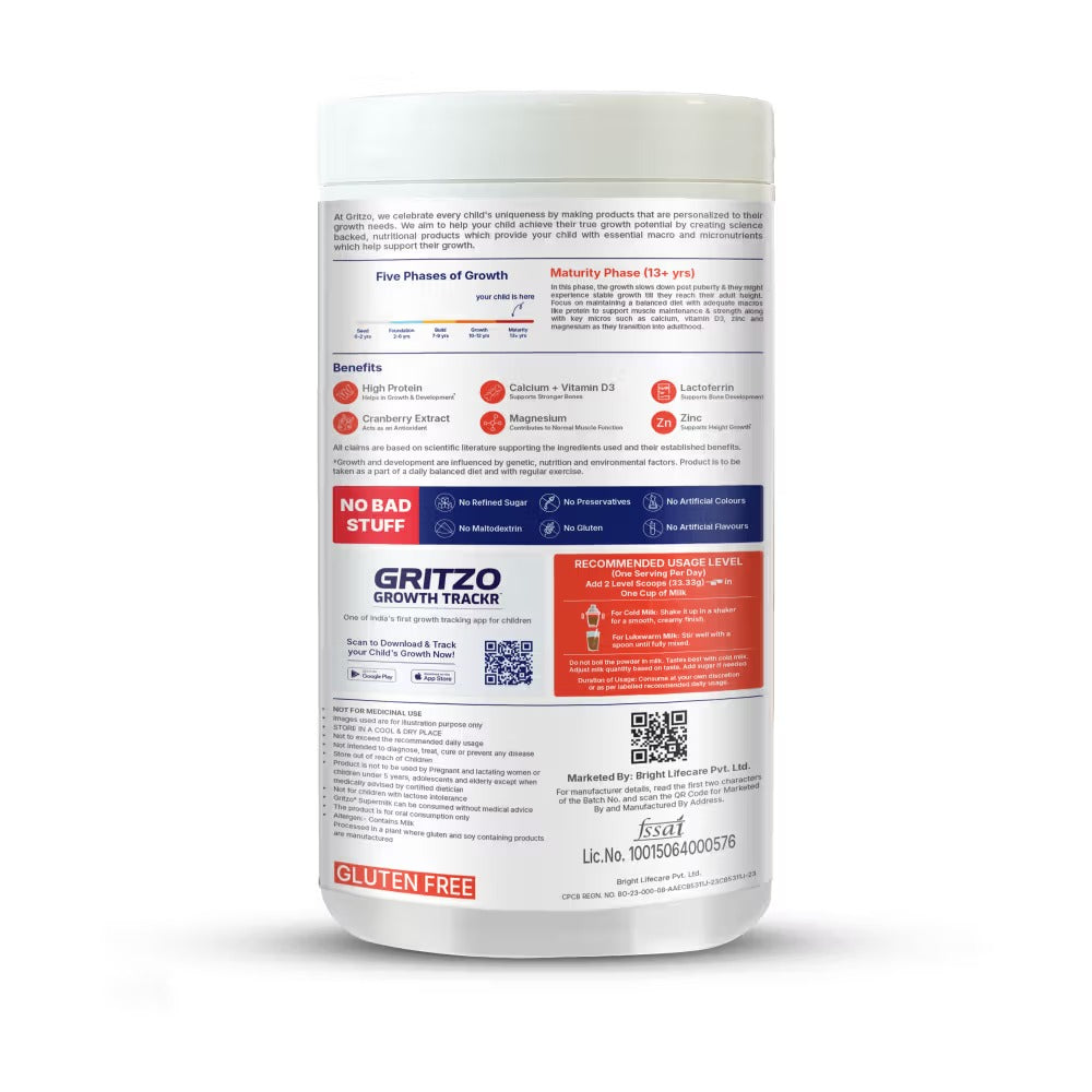 Gritzo SuperMilk Height+ (13+y Girls) 13g Protein Powder Double Chocolate - 400 gms