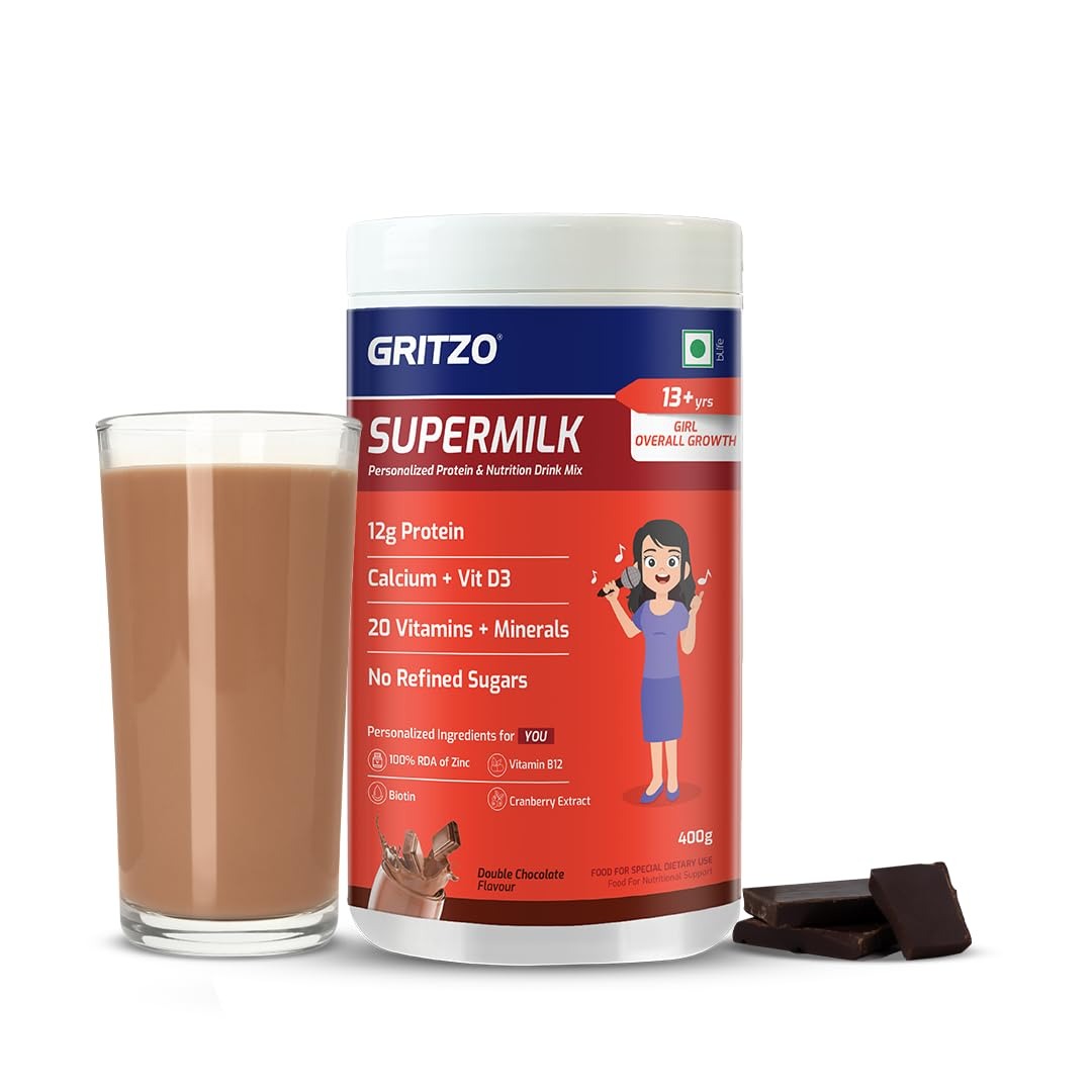 Gritzo SuperMilk Overall Growth (13+y Girls) 12g Protein Powder Double Chocolate - 400 gms