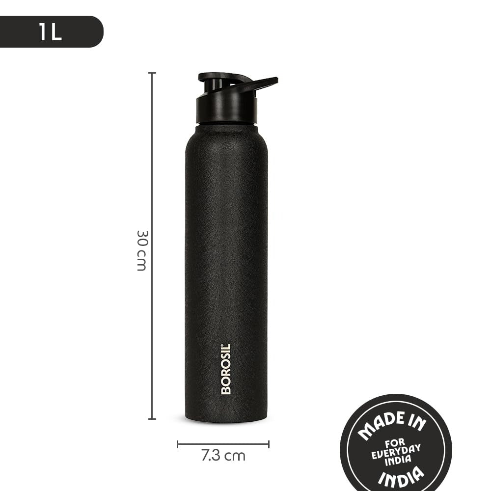 Borosil Cosmo Stainless Steel Single Wall Bottle Black 1L