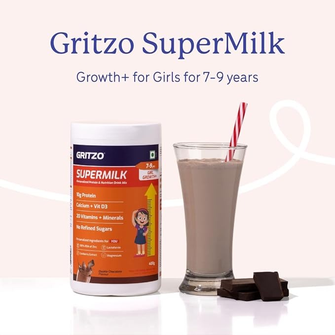 Gritzo SuperMilk Height+ (7-9y Girls) 10g Protein Powder Double Chocolate - 400 gms