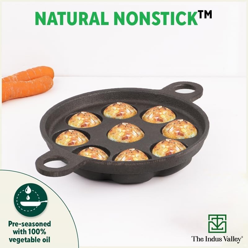 The Indus Valley Castrong Cast Iron Paniyaram Pan 9 Pit Pre-Seasoned