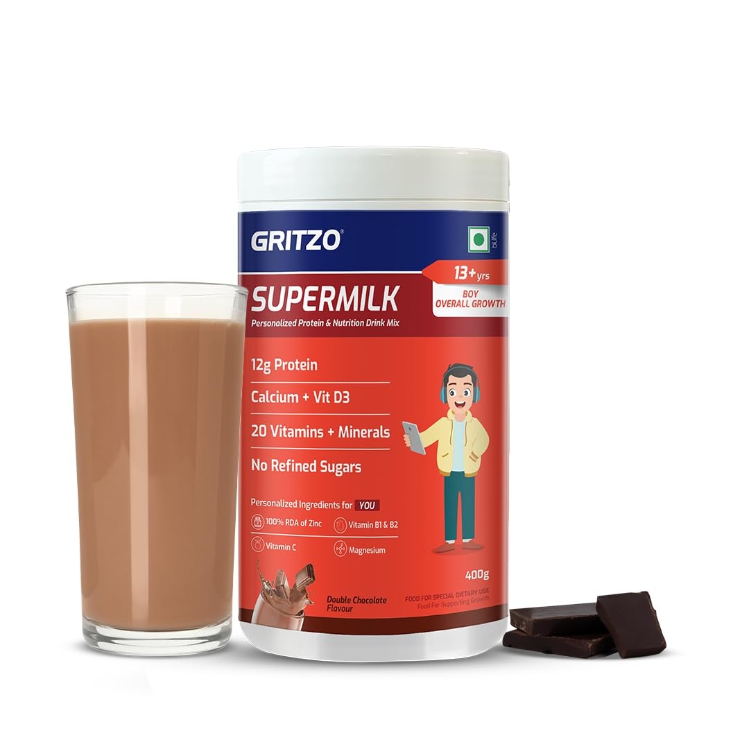 Gritzo SuperMilk Overall Growth (13+y Boys) 12g Protein Powder Double Chocolate - 400 gms