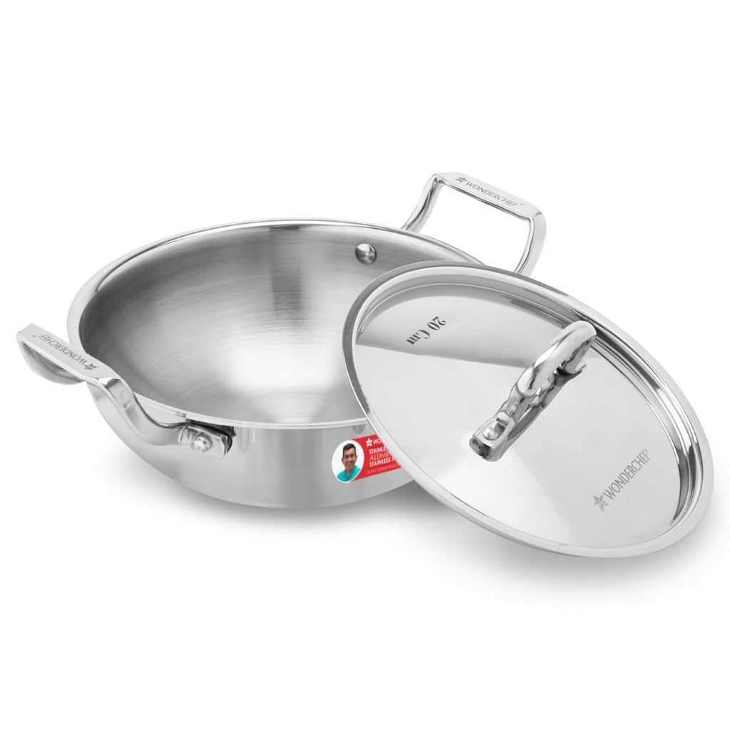 Wonderchef Stella Triply Stainless Steel Kadhai with Lid 20cm 1.6L
