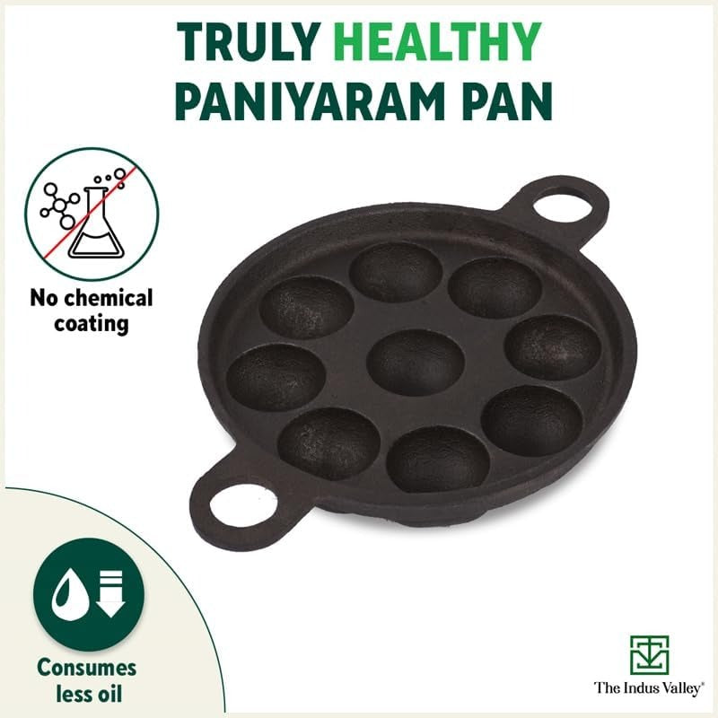 The Indus Valley Castrong Cast Iron Paniyaram Pan 9 Pit Pre-Seasoned