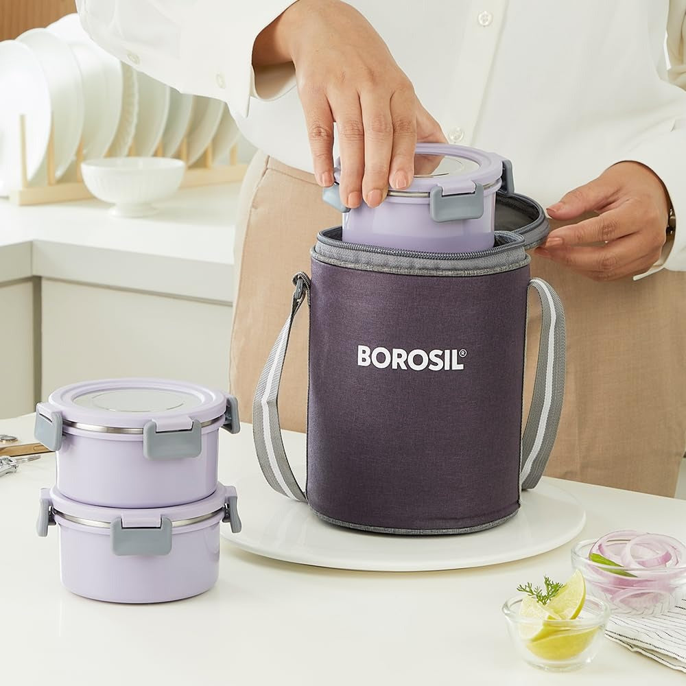 Borosil Glory Lavender Lunchbox Set of 3 Tall 280ml×3