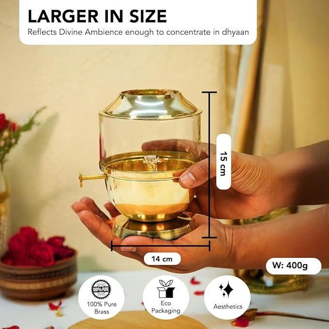 Ekhasa Pure Brass Akhand Jyot Diya with Adjustable Bati Knob Wick Lifting Screw Lever Glass Cover Large