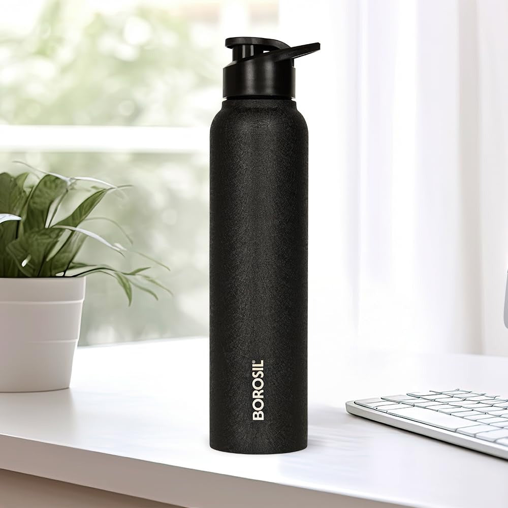 Borosil Cosmo Stainless Steel Single Wall Bottle Black 1L