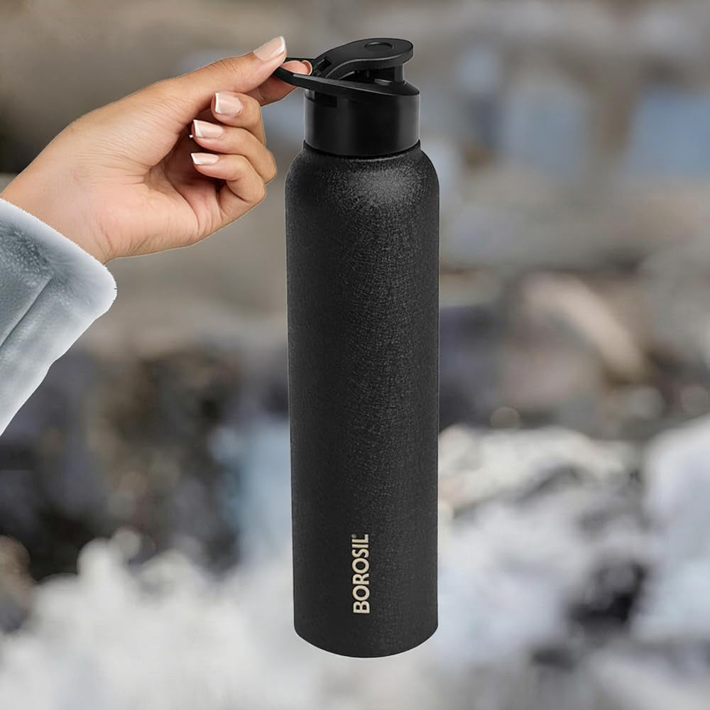 Borosil Cosmo Stainless Steel Single Wall Bottle Black 1L