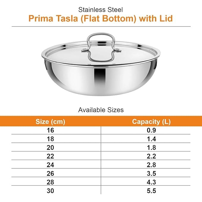 Prabha Stainless Steel Prima Tasla with Flat Bottom Included Lid