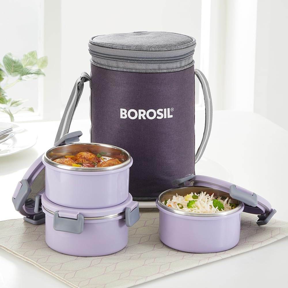 Borosil Glory Lavender Lunchbox Set of 3 Tall 280ml×3