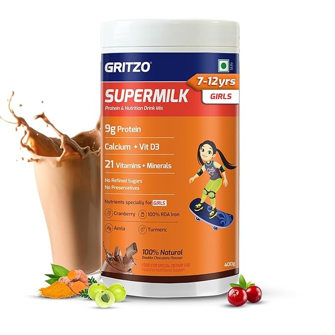Gritzo SuperMilk Overall Growth Girls Protein Powder Double Chocolate - 400 gms