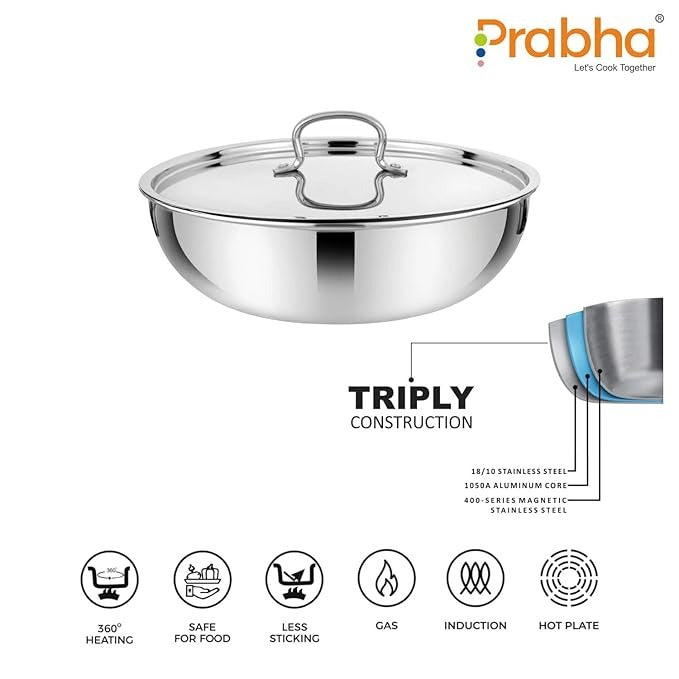 Prabha Stainless Steel Prima Tasla with Flat Bottom Included Lid