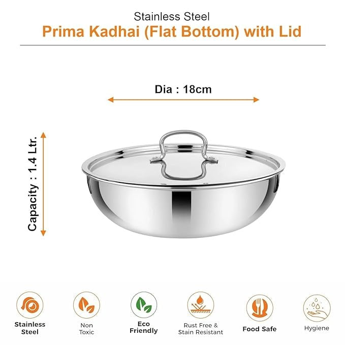 Prabha Stainless Steel Prima Tasla with Flat Bottom Included Lid
