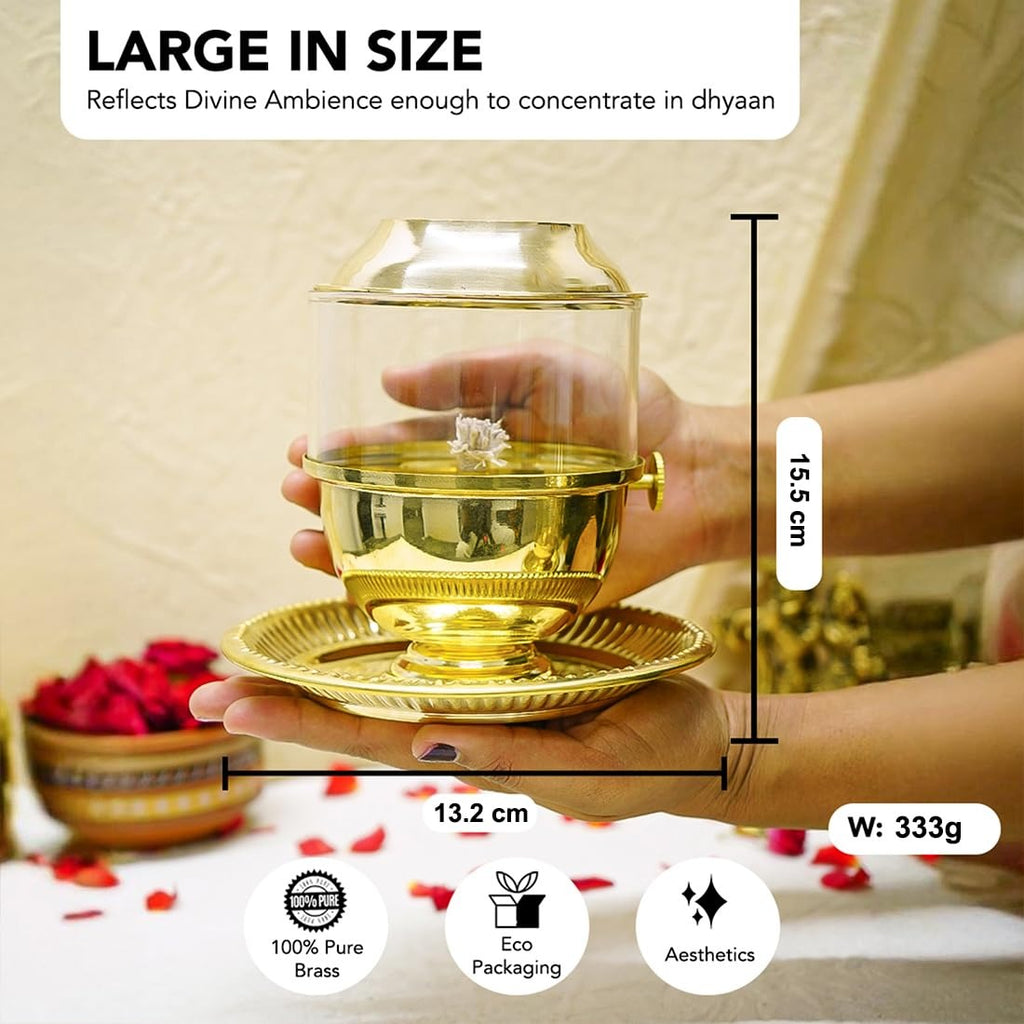 Ekhasa Pure Brass Akhand Jyot Diya with Adjustable Bati Knob Wick Lifting Screw Lever Glass Cover  Large with Plate