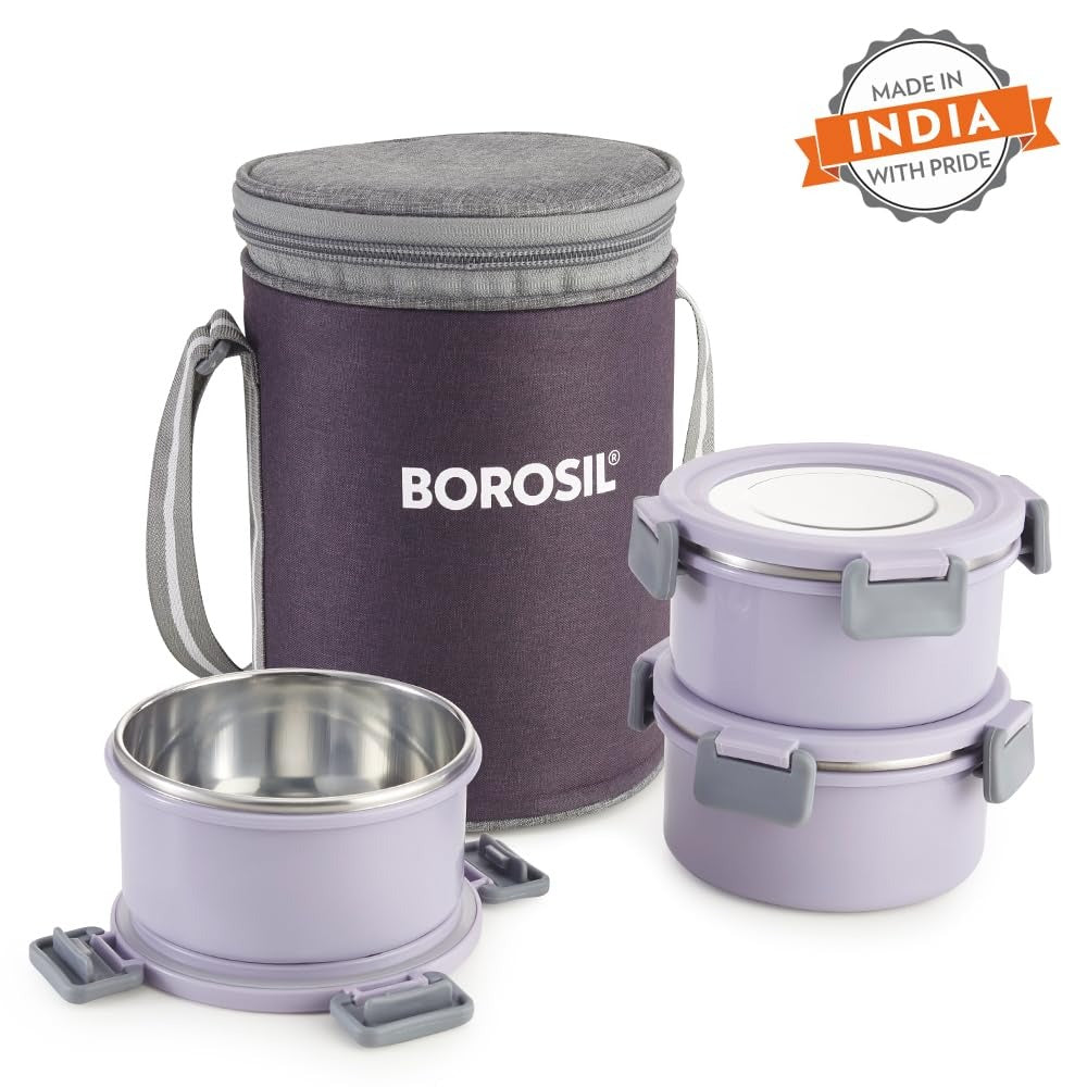 Borosil Glory Lavender Lunchbox Set of 3 Tall 280ml×3