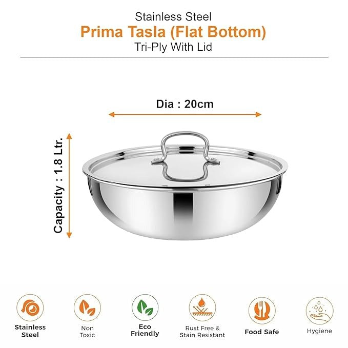 Prabha Stainless Steel Prima Tasla with Flat Bottom Included Lid
