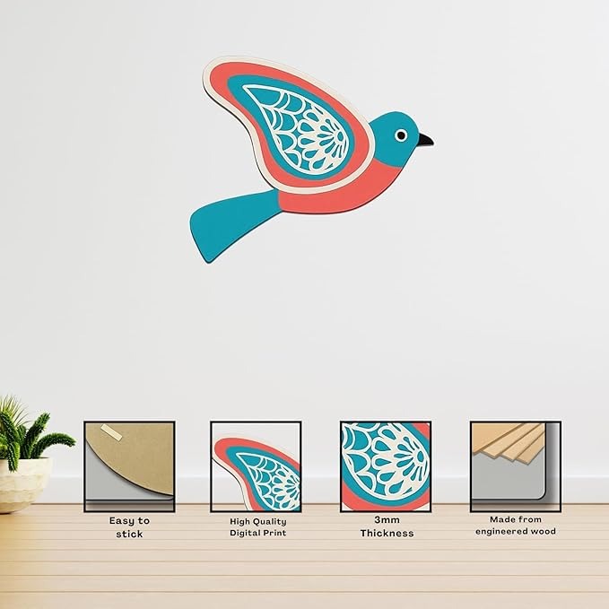 GiftOday Wooden 3D 5 Pieces Birds for Wall Art Panel  Wood Bird Folk Art Wall Hanging Style 6