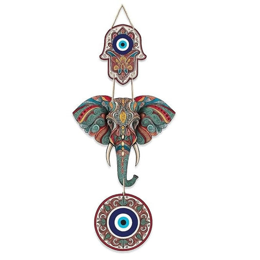 GiftOday Designer Elephant Wooden Wall Hanging Hamsa Hand Decoration Modern Artworks Design 1