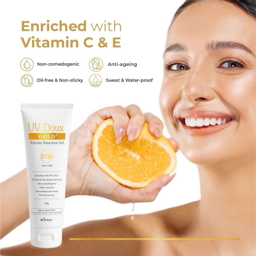 Brinton UV Doux Gold Silicone Sunscreen Gel SPF 50 PA+++, UVA/UVB protection With Vitamin C & E
