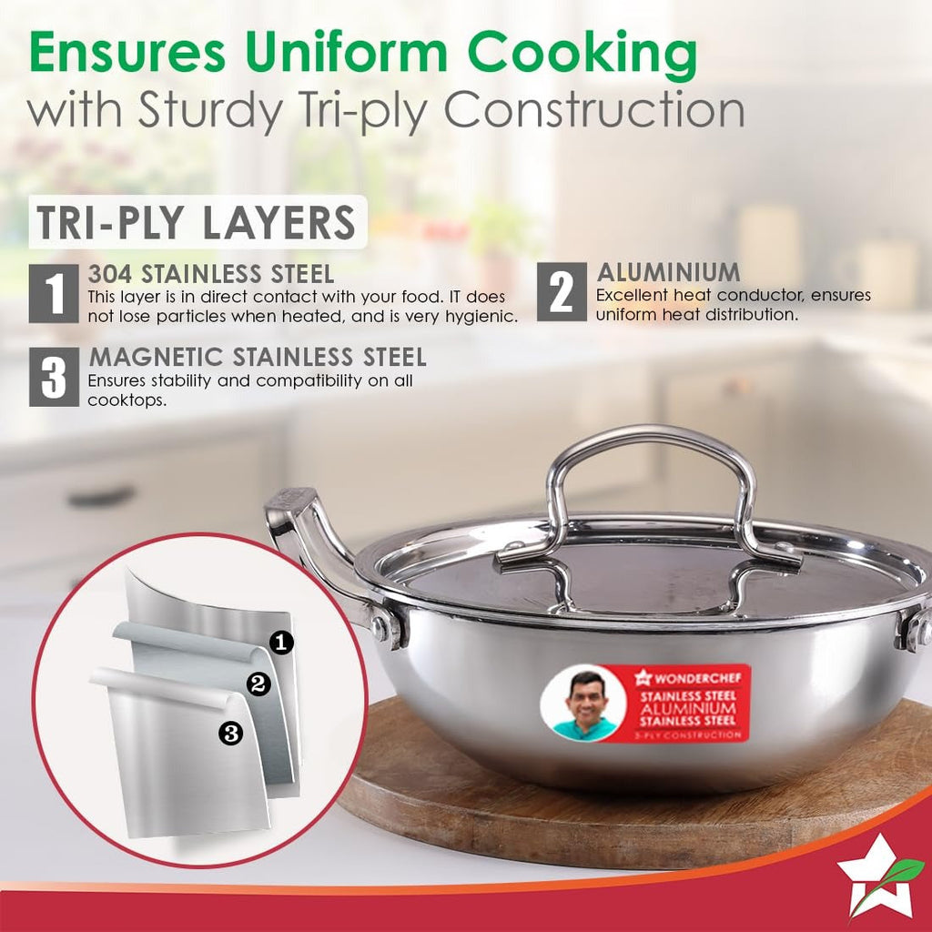 Wonderchef Stella Triply Stainless Steel Kadhai with Lid 20cm 1.6L