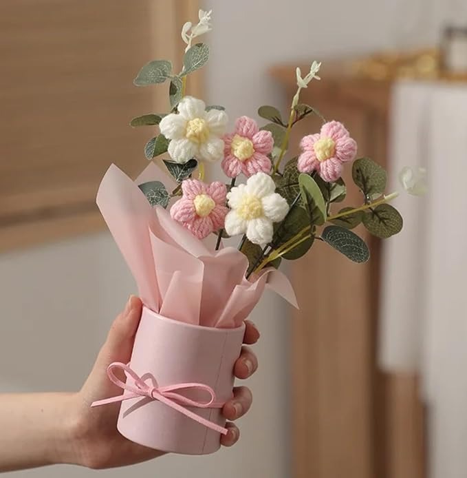 Artificial Crochet Flower Bouquet/artificial Flowers Bunch Pink Daisy Bouquet