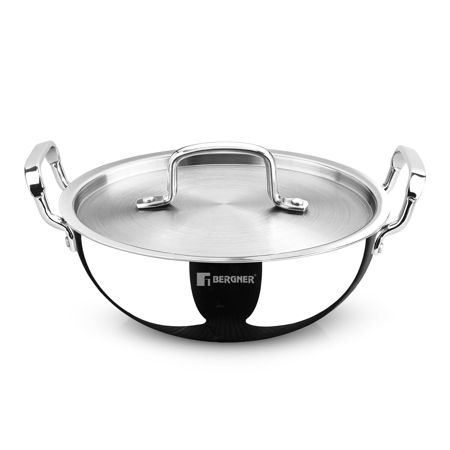 Bergner Tripro Triply 30 Cm Deep Kadai | 6 L Capacity | Stainless Steel Lid | Wide Grip Handles