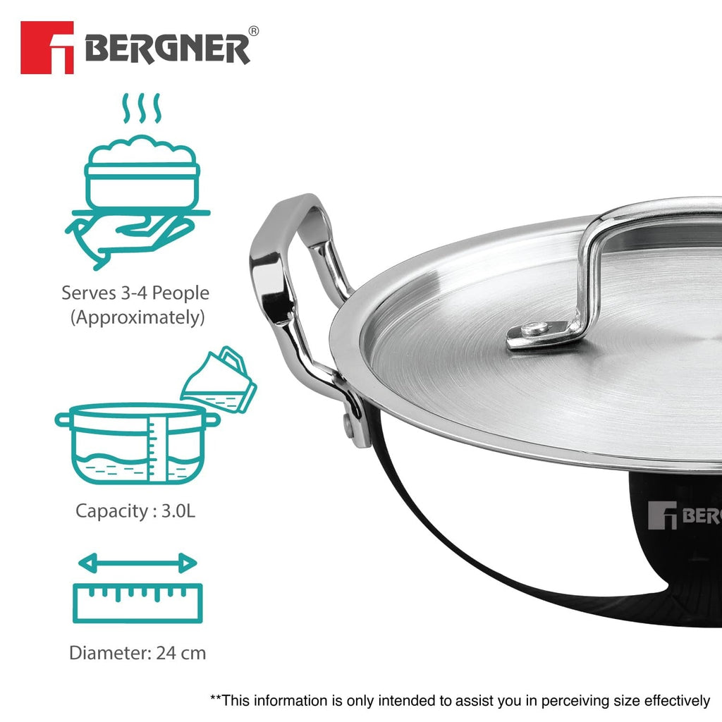 Bergner Tripro Triply 30 Cm Deep Kadai | 6 L Capacity | Stainless Steel Lid | Wide Grip Handles
