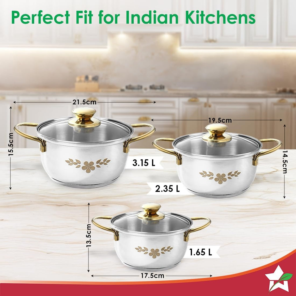 Wonderchef Gold Stanton Stainless Steel Casserole Set 3 Pcs