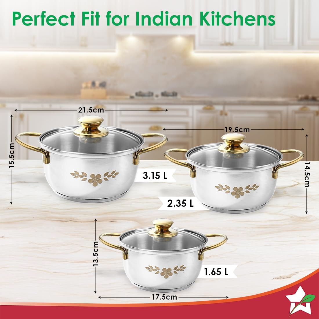 Wonderchef Gold Stanton Stainless Steel Casserole Set 3 Pcs