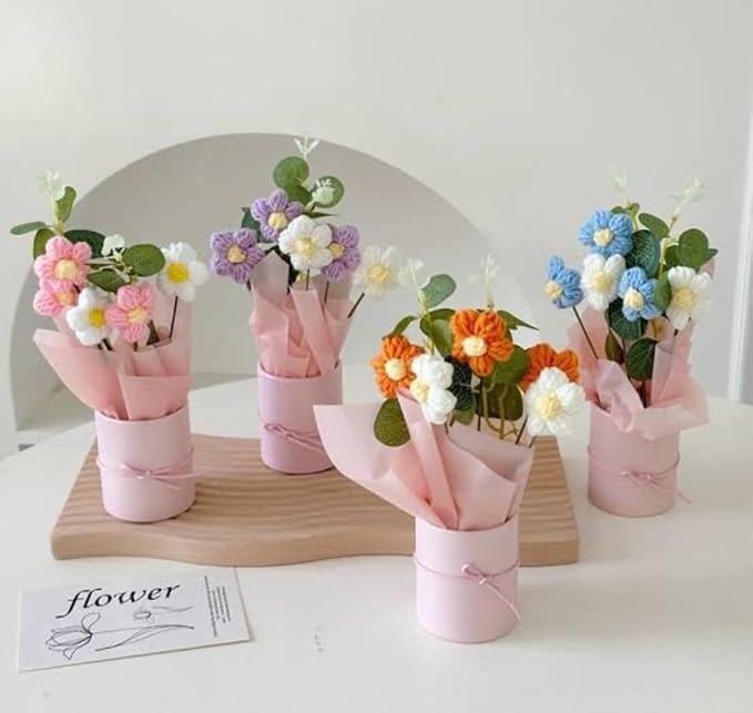 Artificial Crochet Flower Bouquet/artificial Flowers Bunch Pink Daisy Bouquet